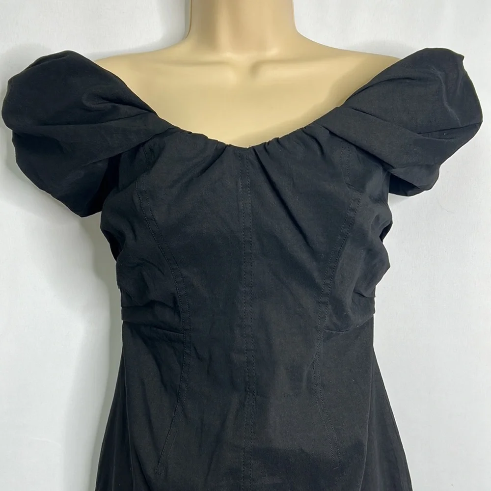 A.L.C Nora off shoulder linen ruffle ruched mid-calf little black dress - Picture 3 of 13
